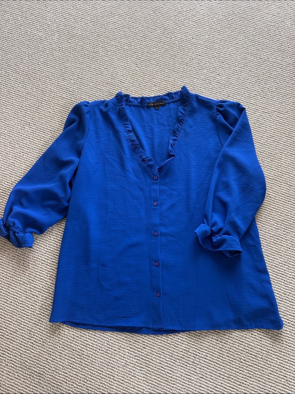 Gibson Look Cobalt Blue Ruffle V-Neck Button-Front Blouse